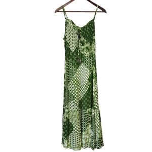 Millenium Maxi Dress Womens Small Green Patchwork Bohemian Boho Tiered Hippie